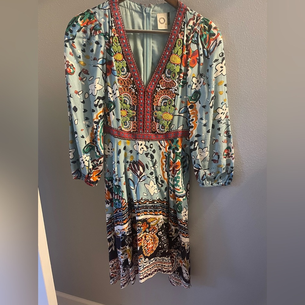 Floral Beaded V-Neck Dress in Blue and Multicolor